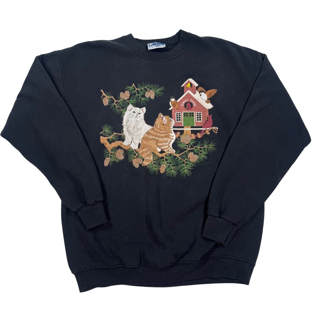 Vintage Endless Designs Cat Birdhouse Sweatshirt Black 1996 Made in USA Large